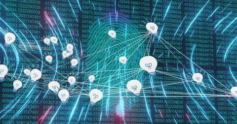 Image of data processing over fingerprint and lightbulb icons Illustrazione stock