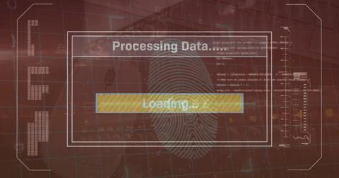 Image of data processing over fingerprint and padlock icons 스톡 사진