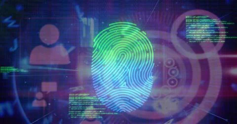 Image of data processing over fingerprint icon on blue background Stock Photos