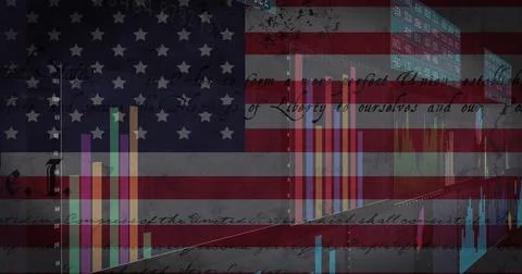 Image of data processing over flag of america Foto stock