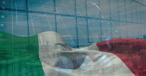 Image of data processing over flag of italy and cityscape 写真素材