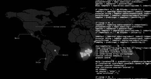 Image of data processing over flashing world map on black background Foto stock