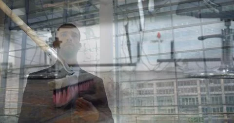 Image of data processing over geometrical shapes and caucasian man walking Stock Photos