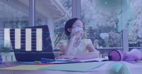 Image of data processing over girl with face mask using laptop 스톡 일러스트