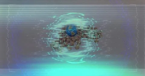 Image of data processing over globe and cardboard boxes Stock Illustration