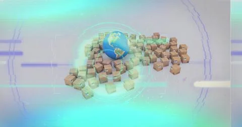 Image of data processing over globe and cardboard boxes Stock Illustration