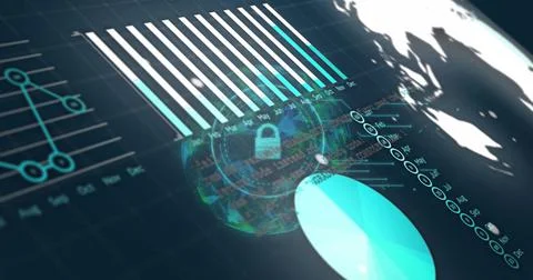 Image of data processing over globe and padlock icon Stockillustratie