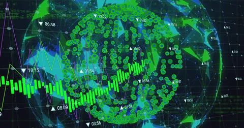 Image of data processing over globe with icons Illustrazione stock