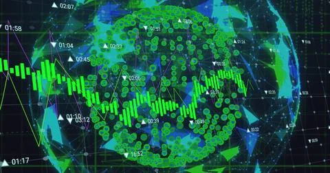 Image of data processing over globe with icons Illustrazione stock