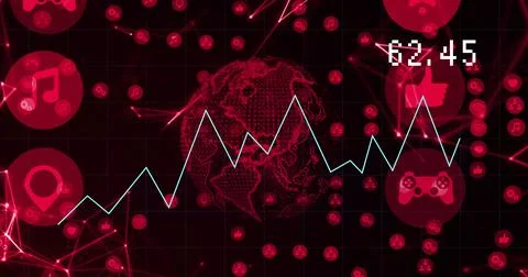 Image of data processing over globe with icons 스톡 일러스트