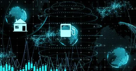 Image of data processing over globe with icons Stockillustratie