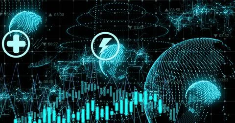 Image of data processing over globe with icons 스톡 일러스트