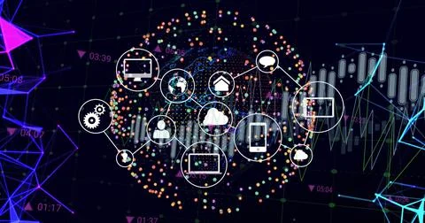 Image of data processing over globe with icons Stock Illustration