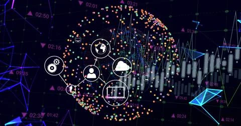 Image of data processing over globe with icons Illustrazione stock