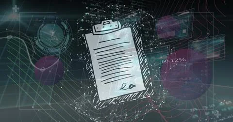 Image of data processing over globe and moving clock on black background Illustrazione stock