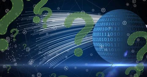 Image of data processing over globe and question marks Stock Illustration
