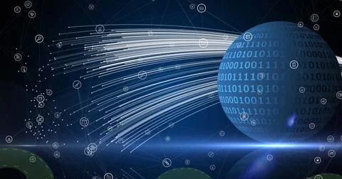 Image of data processing over globe and question marks Stock Illustration