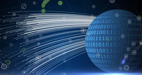 Image of data processing over globe and question marks Stock Illustration