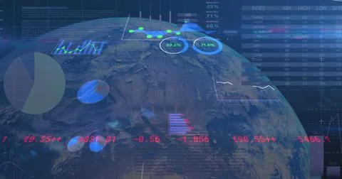 Image of data processing over globe and blue background 库存插图