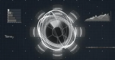 Image of data processing over globe spinning and grid in background Stock Illustration