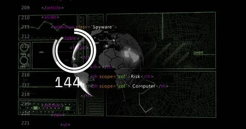 Image of data processing over globe on black background Illustrazione stock