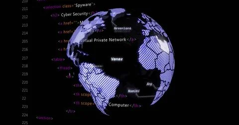 Image of data processing over globe on black background Stock Illustration