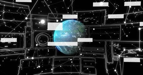 Image of data processing over globe and screens Illustrazione stock