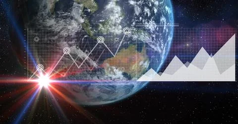 Image of data processing over globe and statistics Illustrazione stock