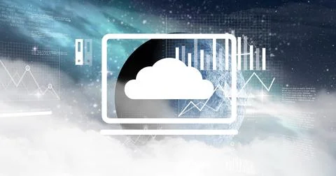 Image of data processing over globe and clouds イラスト素材
