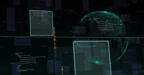 Image of data processing over globe on black background Stock Illustration
