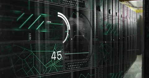 Image of data processing over globe and server room Illustrazione stock