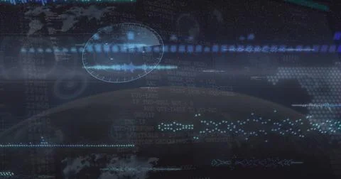 Image of data processing over globe against blue background Illustrazione stock