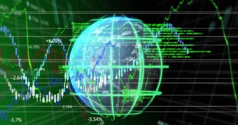 Image of data processing over globe on green background Illustrazione stock