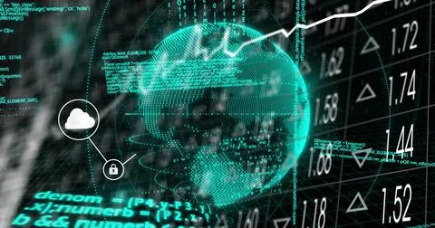 Image of data processing over globe with icons Illustrazione stock