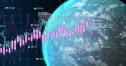 Image of data processing over globe on black background 스톡 일러스트