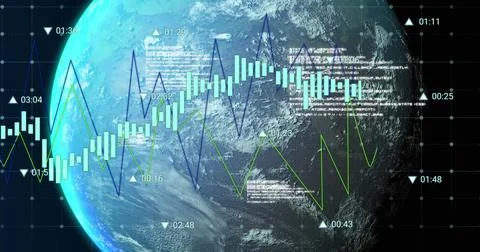 Image of data processing over globe on black background 库存插图