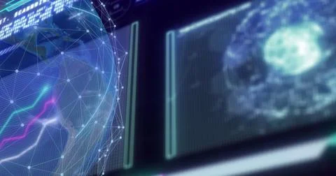 Image of data processing over globe and screens on dark background Stock Photos