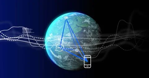 Image of data processing over globe on black background 库存照片