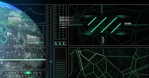 Image of data processing over globe on black background 写真素材