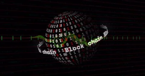 Image of data processing over globe with binary coding on black background 库存照片