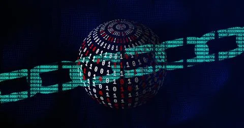 Image of data processing over globe with binary coding on black background 库存照片