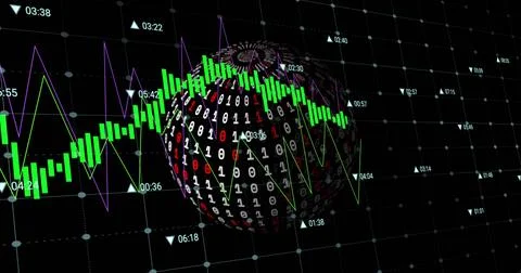 Image of data processing over globe with binary coding on black background Stock Photos