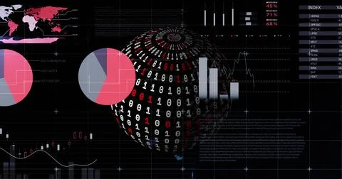 Image of data processing over globe with binary coding on black background 库存照片