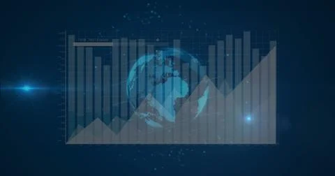 Image of data processing over globe on black background Stock Photos
