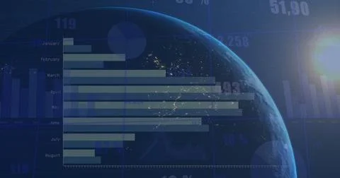 Image of data processing over globe on blue background Stock Photos