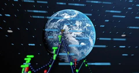 Image of data processing over globe on black background 写真素材