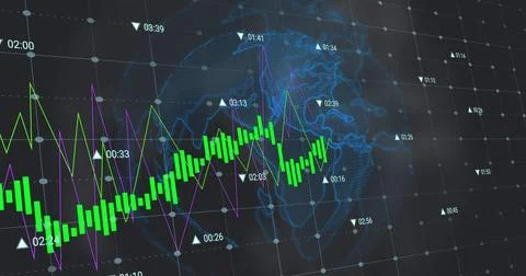 Image of data processing over globe on black background 스톡 사진