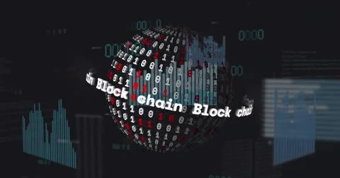 Image of data processing over globe on black background 스톡 사진