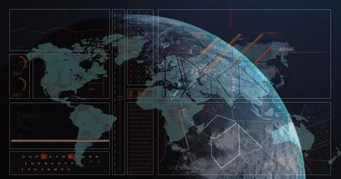 Image of data processing over globe on black background Stock Photos