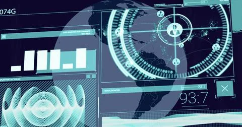 Image of data processing over globe on black background Stock Photos